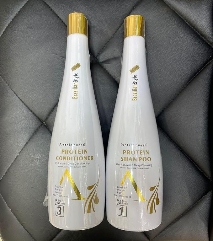 Protein queen Treatment Set Brazilian Style With Castor Oil and Collagen Hair Boast. 1000ml each White. (Shampoo & Conditioner 2 pcs) - Image 2